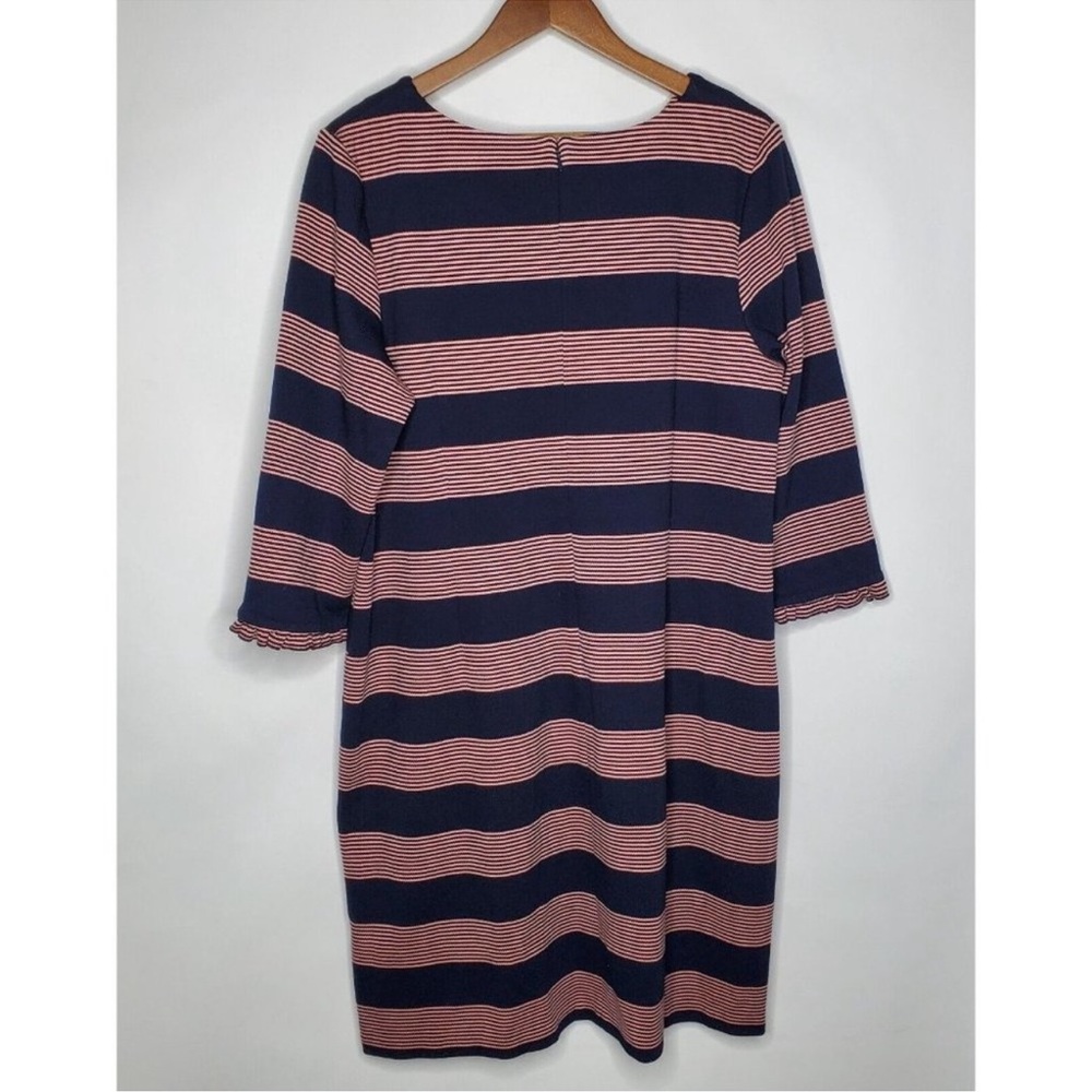 Talbots Women’s Blue & Pink Striped Shift Dress Size 18 Ruffled Cuff 3/4 Sleeve